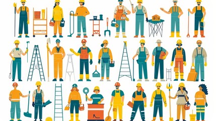 Modern illustration of diverse people working in the building industry, including men and women architects, painters, engineers and repairmen.