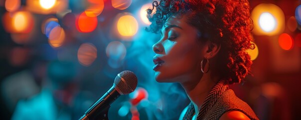 Black woman singing blues in a smoky jazz club. - Powered by Adobe