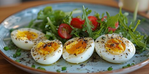 boiled eggs and salad on a plate .