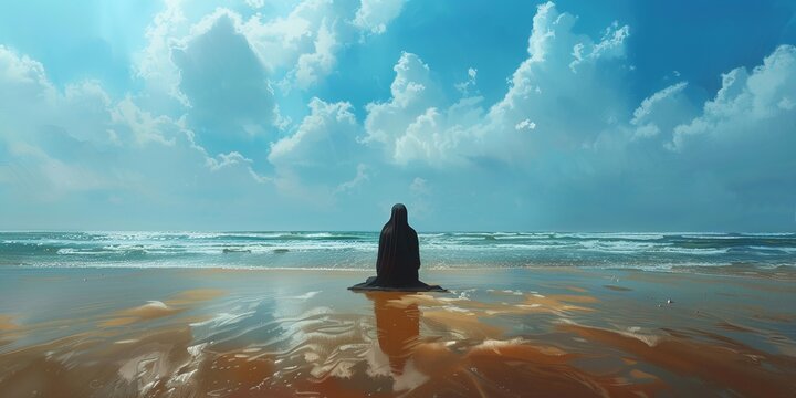 Woman in burkini enjoying peaceful beach solitude