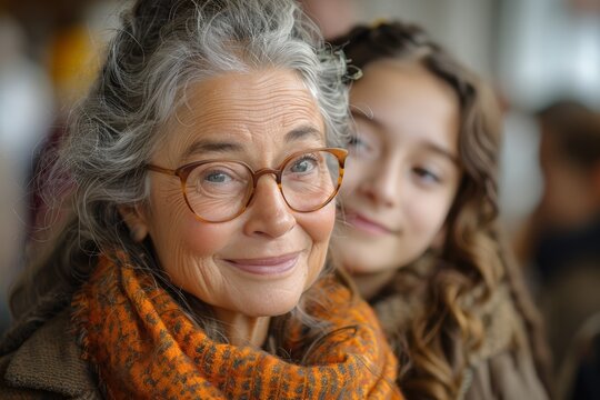 Older woman and young girl in winter clothing
