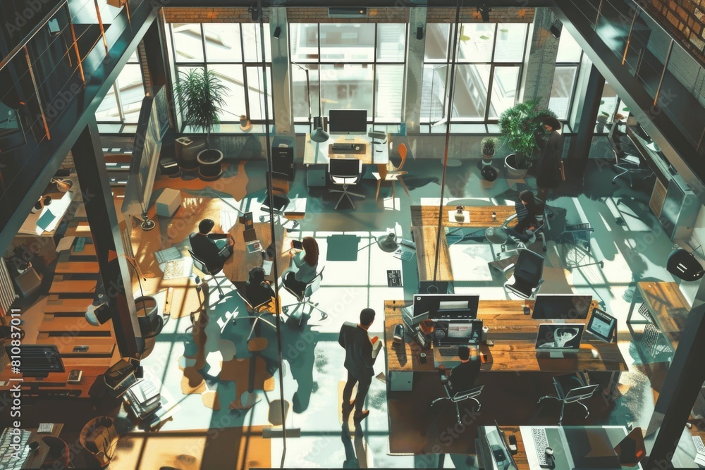 Poster a group of people working in a large office. suitable for business concepts