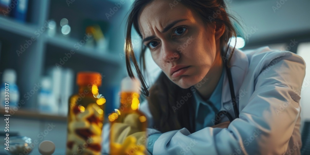 Poster a woman in a lab coat sitting at a table. ideal for science and research concepts