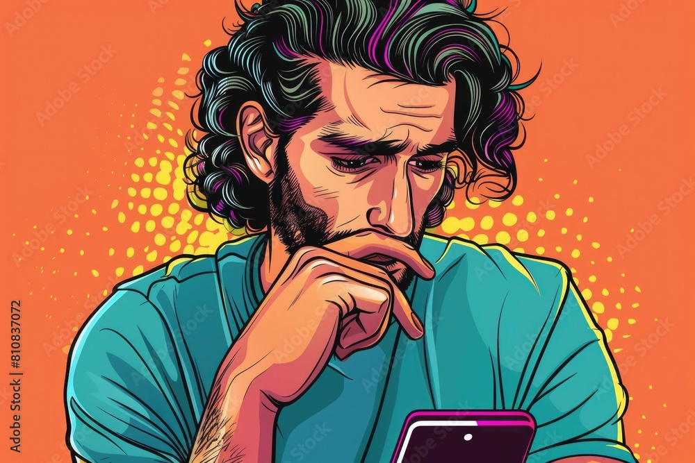 Aufkleber a man with a beard looking at a cell phone. ideal for technology concepts