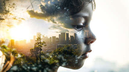 Double exposure of boy or girl with environment problem ,Air pollution problem , global warming .