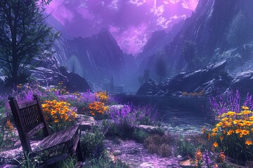Vibrant Flora and Towering Mountains: Eerie Alien World Under Purple Sky