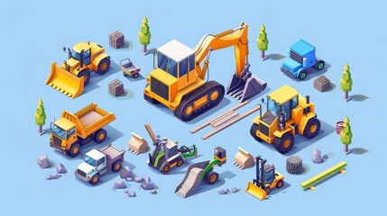 Isometric banner with city sweeper, road roller, tractor, forklift, bulldozer, steamroller, and loader. Modern flat illustration of construction machines and machinery. - obrazy, fototapety, plakaty