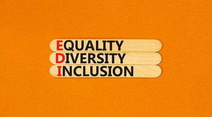 EDI equality diversity inclusion symbol. Concept words EDI equality diversity inclusion on wooden...
