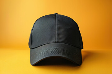 Mockup of a blank black baseball cap for men and women on a yellow background. A uniform. Generated by artificial intelligence