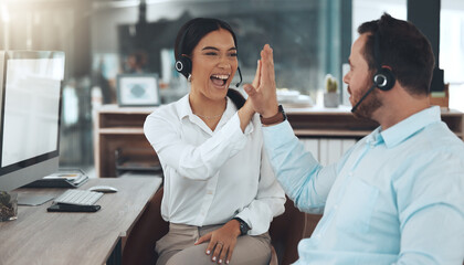 High five, call center and happy employees in office for success, achievement or sales target. Lens...