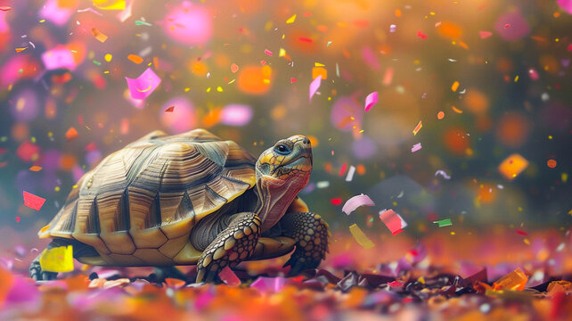 Turtle croos the finish line with colorful confetti ,Complete achievement concept , Funny animal concept .