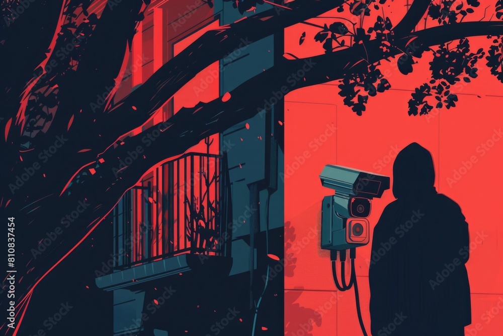 Poster a person standing in front of a vibrant red building. suitable for various urban concepts