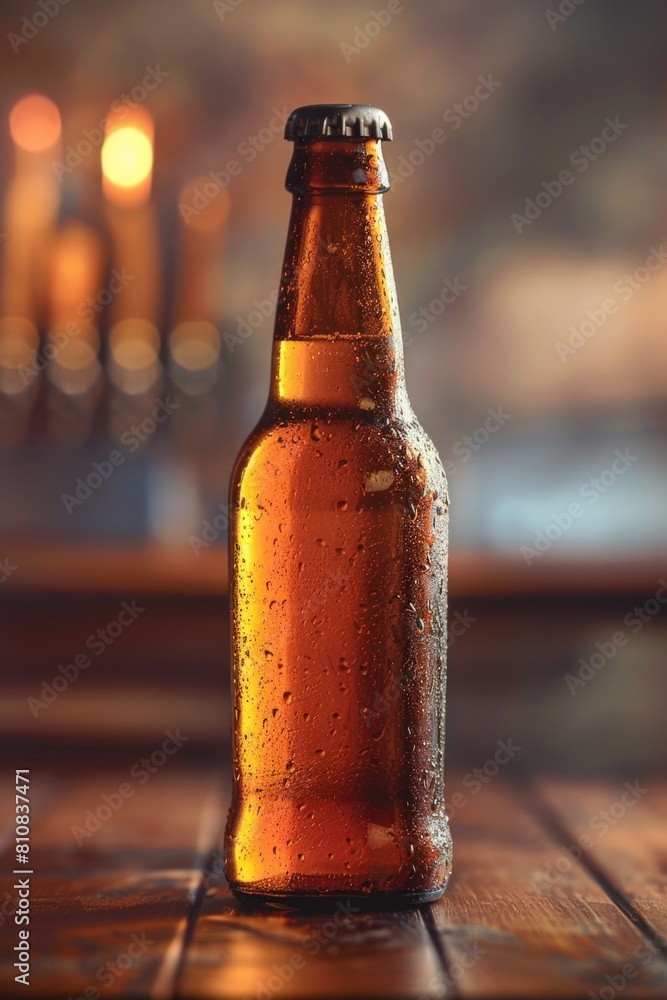 Poster a bottle of beer resting on a rustic wooden table. suitable for food and beverage concepts
