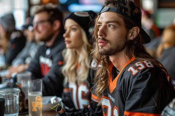 Group sitting at table with drinks during fantasy football draft party