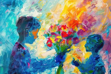 A heartwarming painting of a woman giving flowers to a child. Suitable for family themes