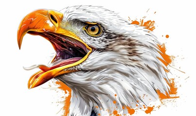 Screaming bald eagle with beak open.