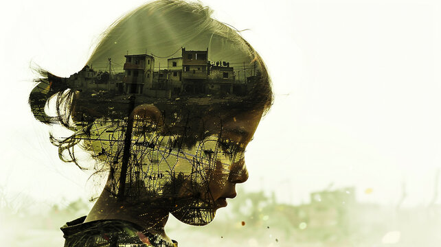 Double exposure of kid and war