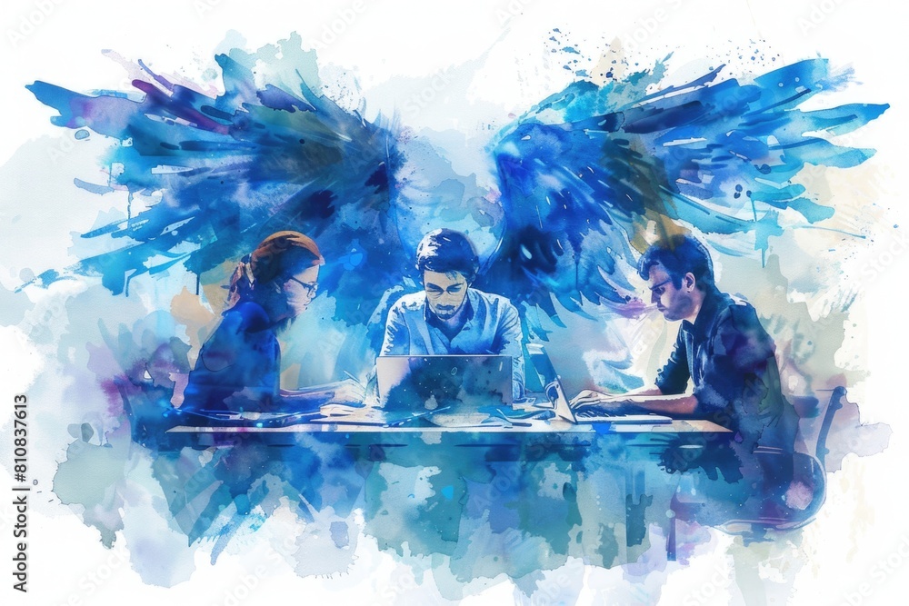 Poster a group of people working together at a table with laptops. suitable for business and technology con