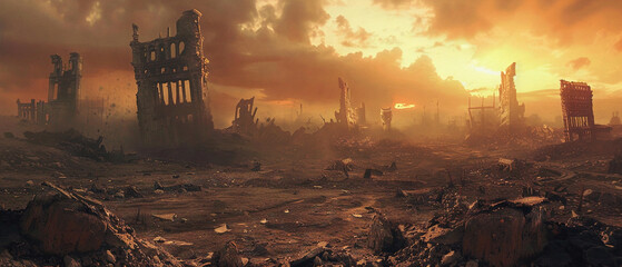 Ruined cityscape with collapsed structures and desolate landscape after an apocalyptic event.