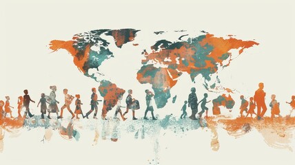 A visualization of international aid workers providing humanitarian assistance to refugees and displaced persons affected by war.