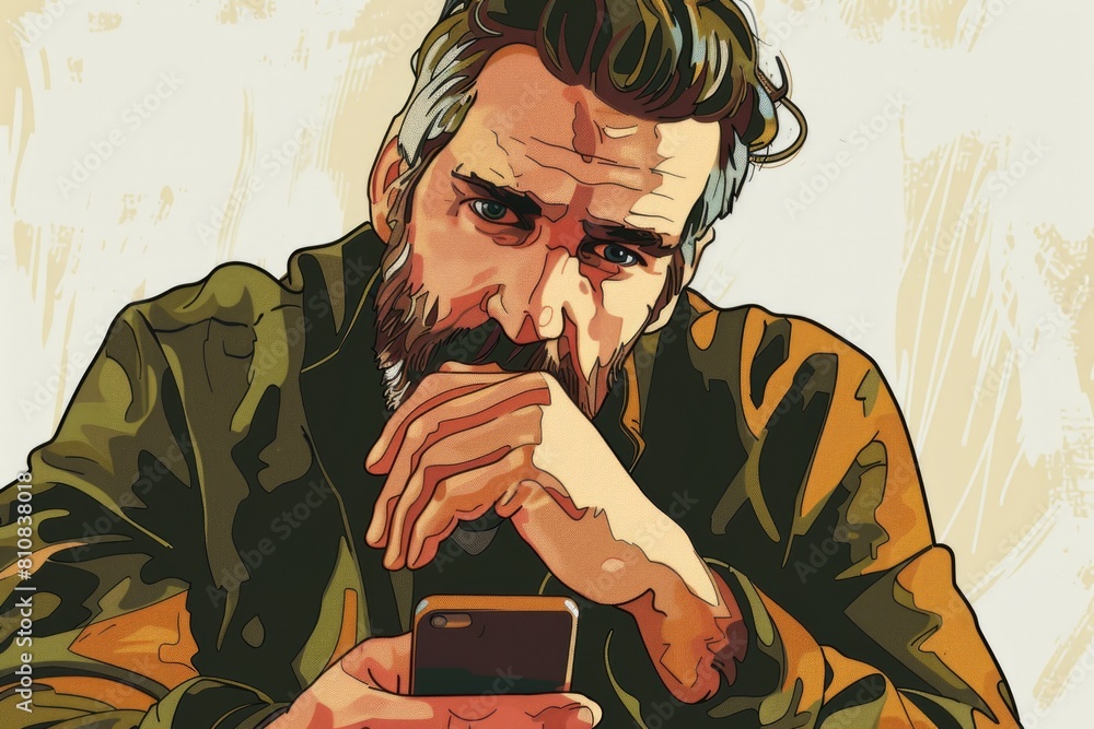 Poster A man sitting at a table with a cell phone. Suitable for technology concepts