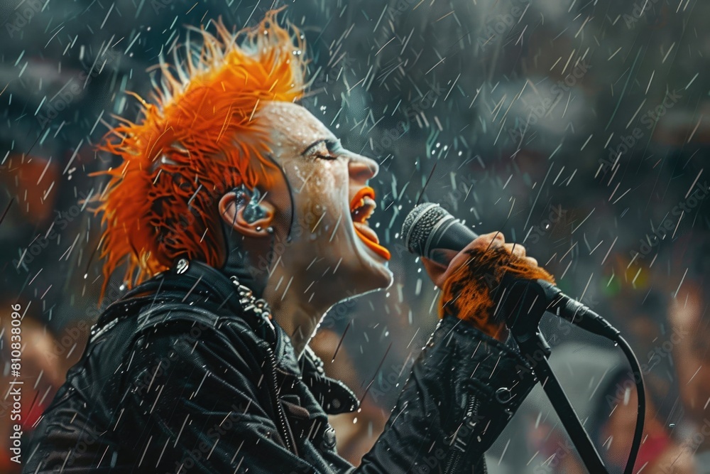 Poster a man with orange hair singing into a microphone. perfect for music and performance-related projects