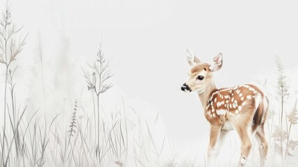 Baby roe deer. Kids room wallpaper with baby animals in pastel colors. Nursery wall mural, very minimalistic drawing, white wall