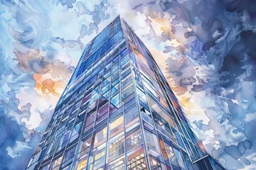 Detailed watercolor painting of a tall building. Ideal for architectural projects