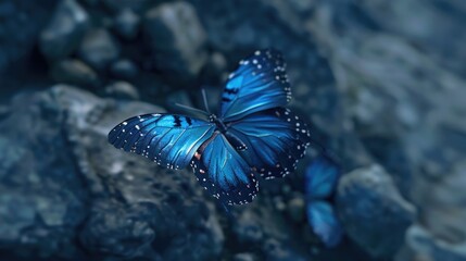 Fototapeta premium Beautiful blue butterfly perched on a pile of rocks. Great for nature and wildlife concepts