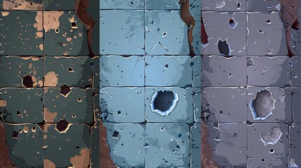 Stone, metal, and glass wall texture with bullet holes, seamless background for games. Round gunshots, cracks, rumbles, rough edges Realistic 3D modern illustration.