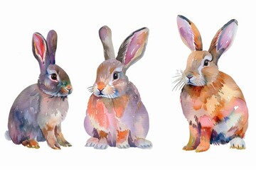 Fototapeta premium Three adorable watercolor rabbits sitting side by side. Perfect for children's books or Easter designs