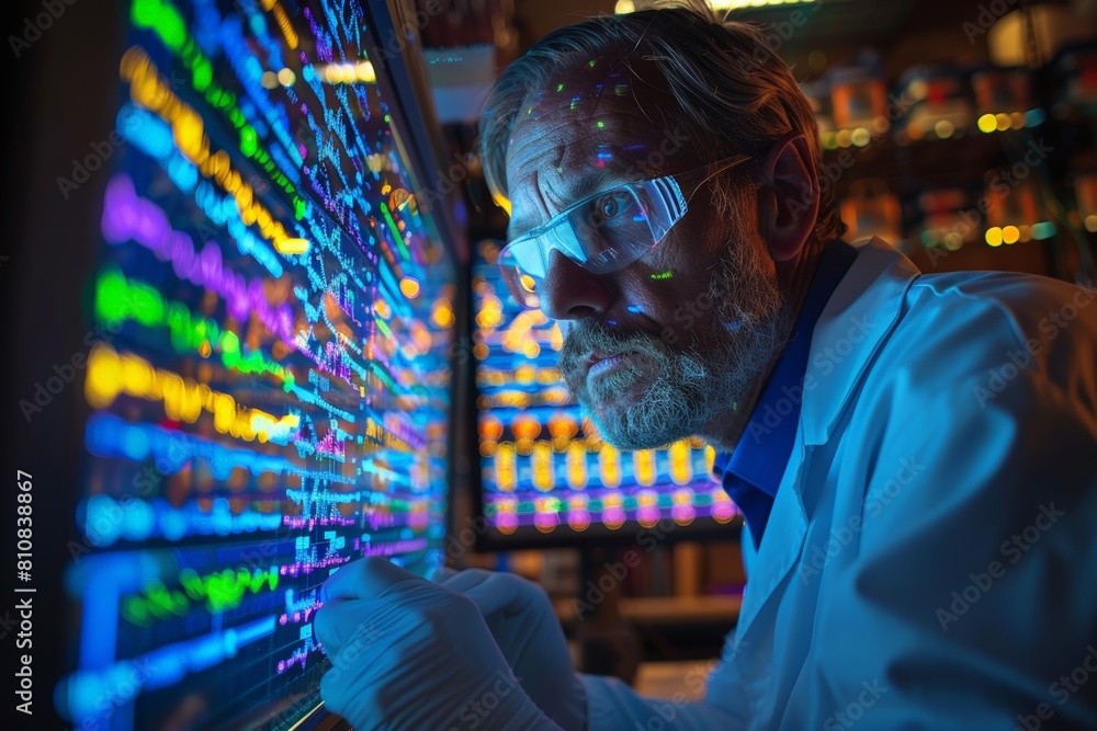 Poster geneticist analyzing dna sequences on computer