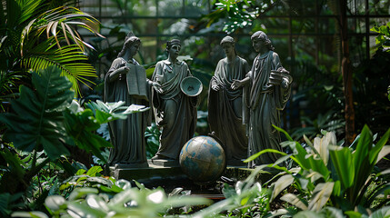 Four statues stand around a globe surrounded by plants and trees as a symbol of the four seasons. Generative AI illustration
