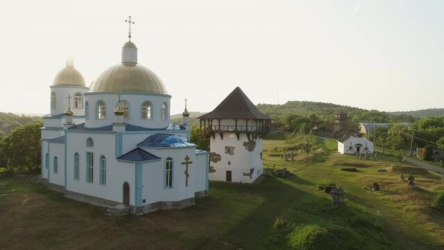 Aerial sunset 4k footage  of Busha state Historical and Cultural Reserve, located on Podillya, Vinnytsa region, Ukraine.