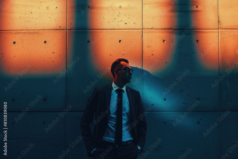 Poster a man in a suit and tie standing in front of a wall. suitable for business concepts