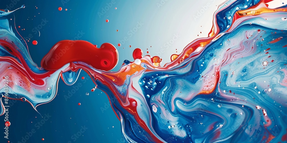 Poster mix of red white blue color paints with blended drops on fluid while forming abstract patterns again
