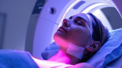 Woman undergoing radiation therapy for cancer treatment