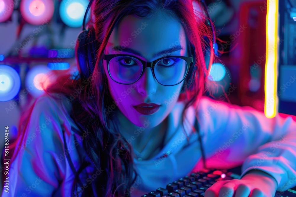 Poster a woman with glasses and headphones typing on a keyboard. suitable for technology and communication 