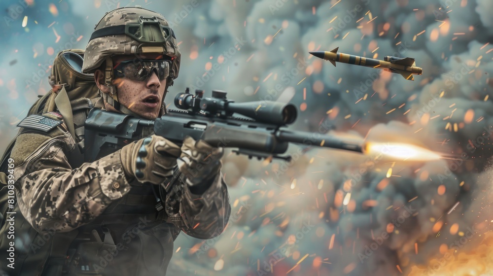 Poster a man in camouflage holding a machine gun. suitable for military or action-themed projects