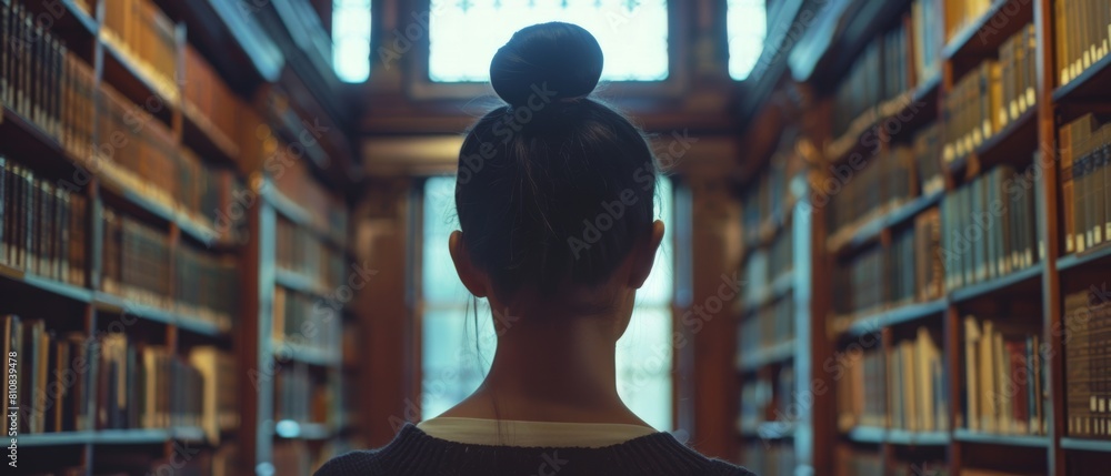 Poster student learning online and studying for management exams in a library. over the shoulder shot with 