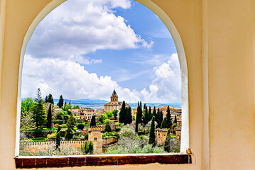 View of the Church of Santa María de la Alhambra from a window of the Royal Courtyard of the Generalife