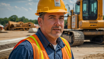 Portrait of a construction worker wearing hard hat and vest with a construction site in the background
