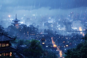 Obraz premium Eerie Cityscape: Rain-Drenched Urban Nightscapes in Intricate Artwork