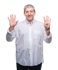 Handsome senior man over isolated background showing and pointing up with fingers number nine while...
