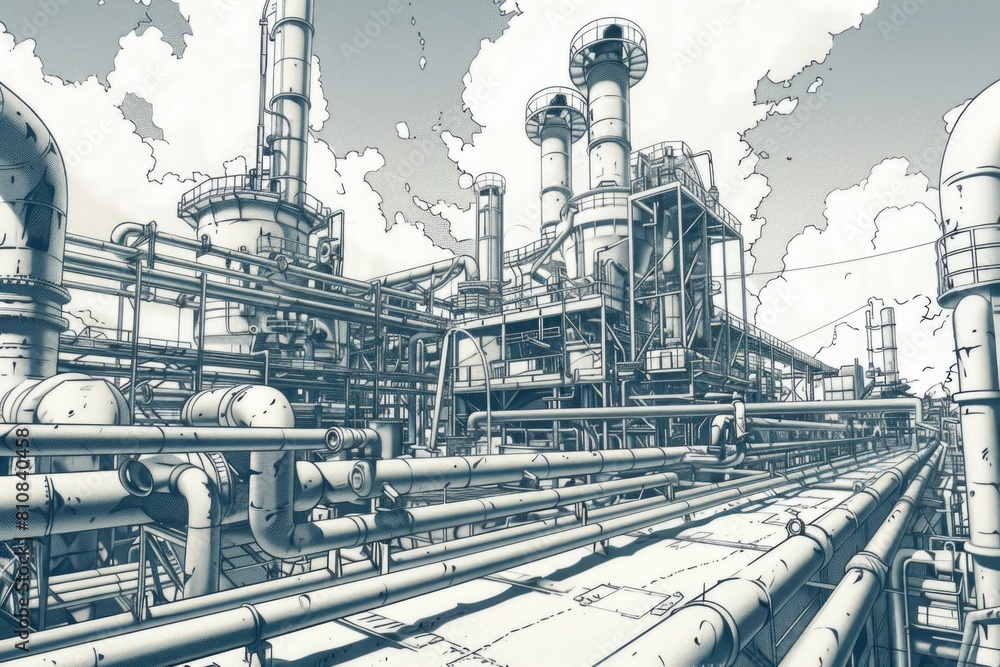 Poster Detailed drawing of a factory with various pipes and structures. Suitable for industrial and manufacturing concepts