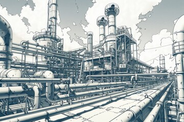 Detailed drawing of a factory with various pipes and structures. Suitable for industrial and manufacturing concepts