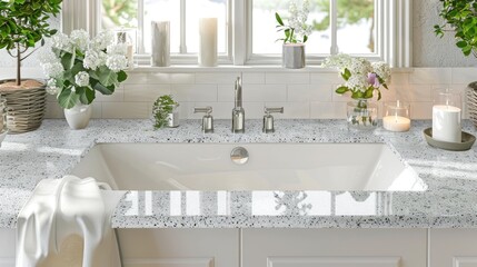 a rectangular undertop white granite sink, featuring a smooth matte finish, bathed in daylight and adorned with plants and candles for a serene ambiance.