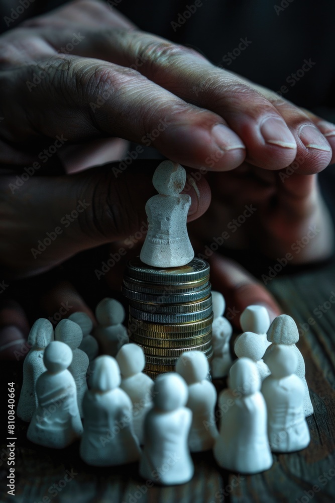 Poster a stack of coins with a miniature figurine on top. perfect for financial and savings concepts