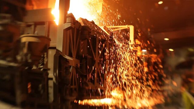 Sparks fly vibrantly in a steel foundry, showcasing industrial steel production