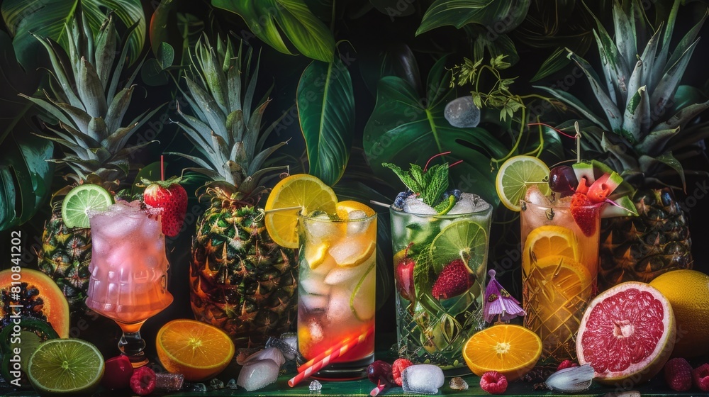 Poster row of glasses filled with different types of fruit. great for healthy eating concepts